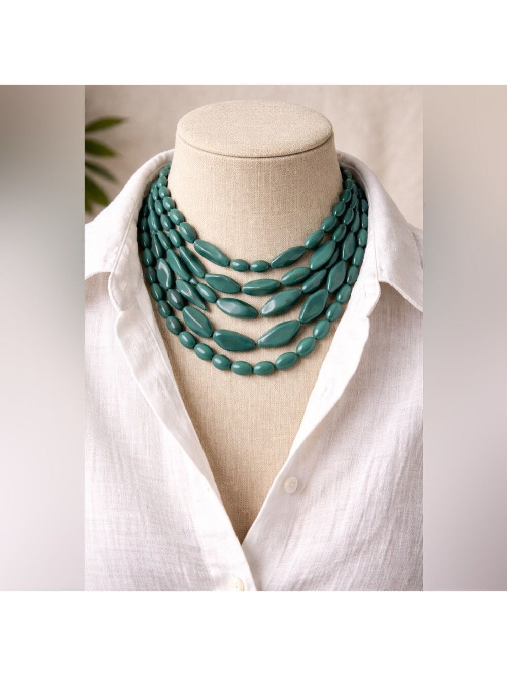 💙 Statement Ocean Teal Multi-Strand Acrylic Necklace • 5 Layer Sculptural Beads